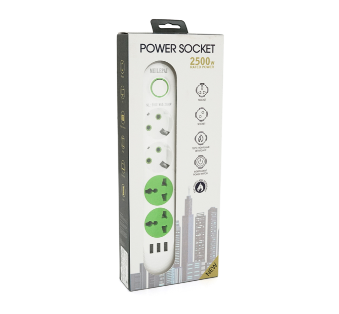 Мережевий фільтр F01U, 2 розетки EU + 2 розетки Universal + 3 USB, 1.5 м, перетин 3х0, 75мм, 2500W, White, Box