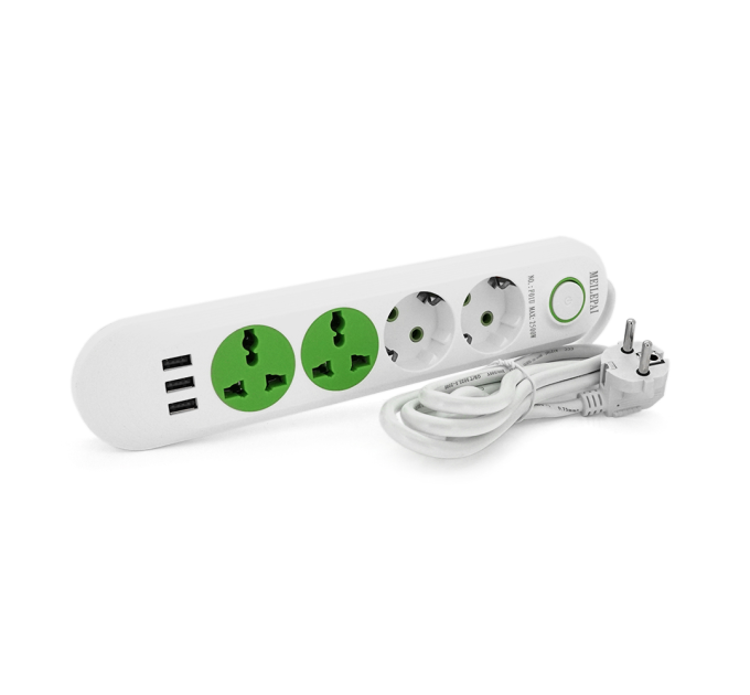 Мережевий фільтр F01U, 2 розетки EU + 2 розетки Universal + 3 USB, 1.5 м, перетин 3х0, 75мм, 2500W, White, Box