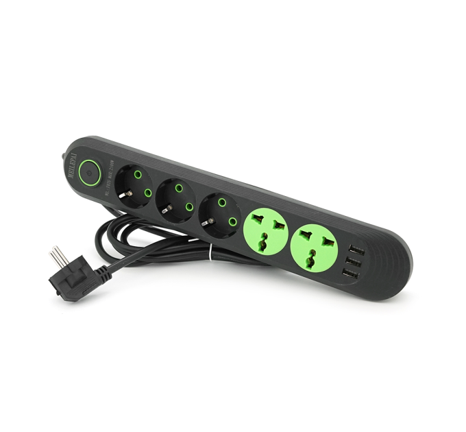 Мережевий фільтр F02U, 3 розетки EU + 2 розетки Universal + 3 USB, 1.5 м, перетин 3х0, 75мм, 2500W, Black, Bag