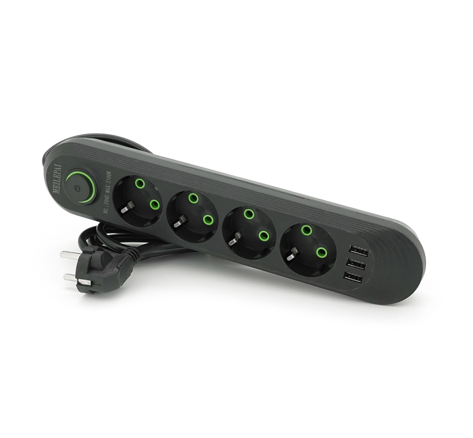 Мережевий фільтр F04U, 4 розетки EU + 3 USB, 1.5 м, перетин 3х0, 75мм, 2500W, Black, Box