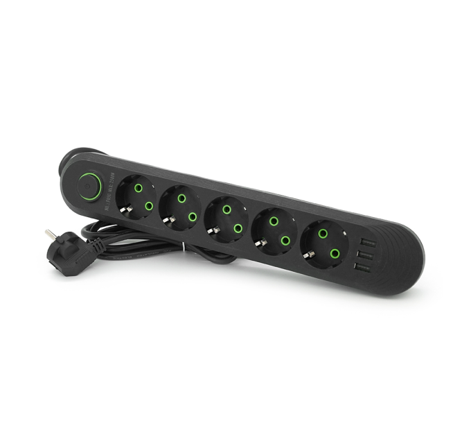 Мережевий фільтр F05U, 5 розеток EU + 3 USB, 1.5 м, перетин 3х0, 75мм, 2500W, Black, Box