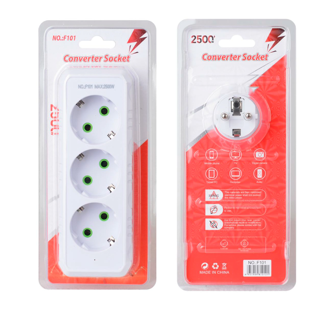 Розетка трійник із заземленням F101-White, 3 розетки, 2500W, 10A, 110-250V~Max, Blister