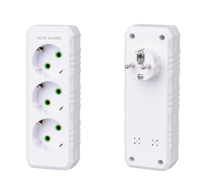 Розетка трійник із заземленням F101-White, 3 розетки, 2500W, 10A, 110-250V~Max, Blister