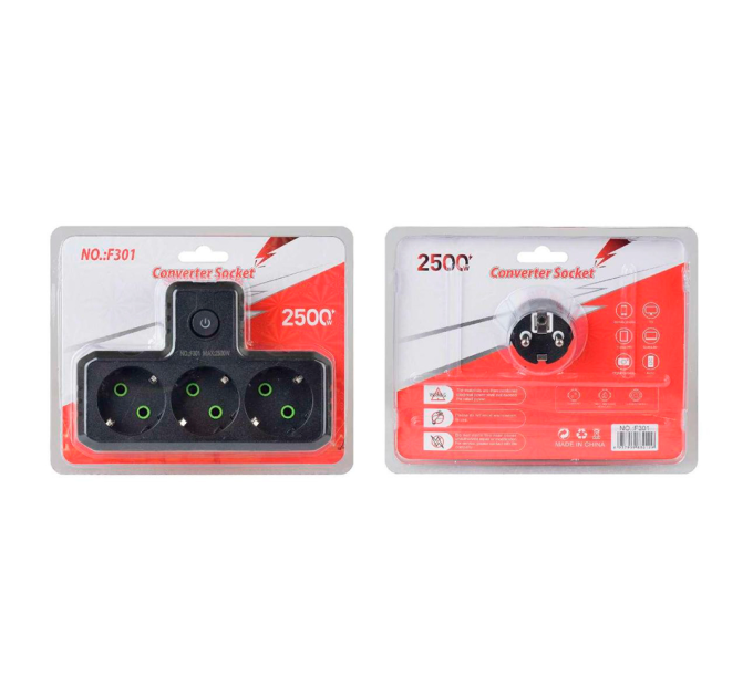 Розетка трійникТ-подібний із заземленням F301-Black, 3 розетки, 2500W, 10A, 110-250V~Max, Blister
