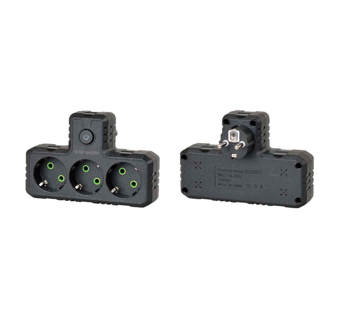 Розетка трійникТ-подібний із заземленням F301-Black, 3 розетки, 2500W, 10A, 110-250V~Max, Blister