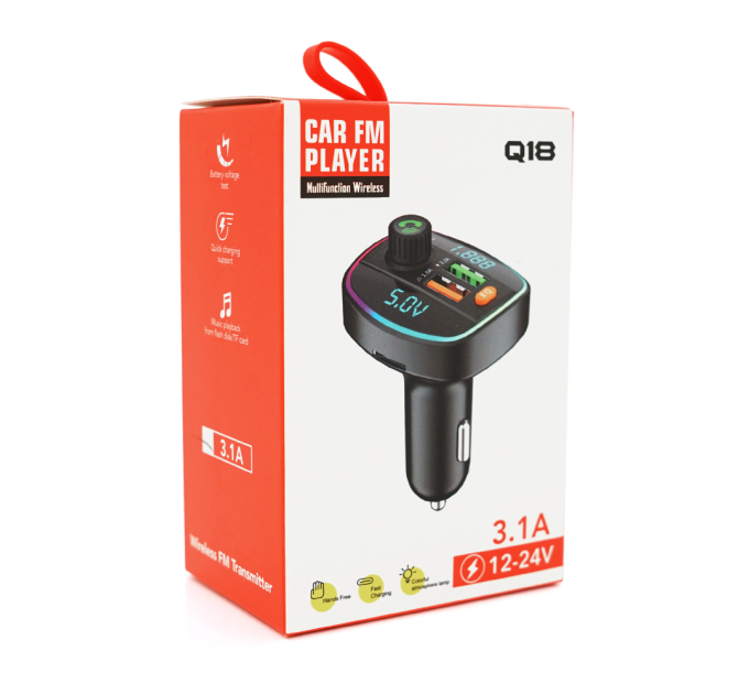 FM-модулятор Q18 з еквалайзером, 3.1A, USB, TF, 55.5х41.5х37.5