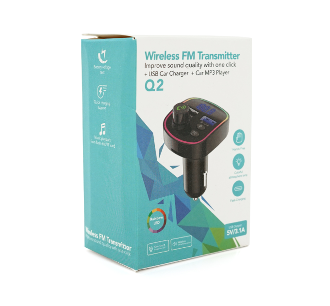 FM-модулятор Q2 з еквалайзером, 1.5A, FM, USB, TF, 49.5х41х36