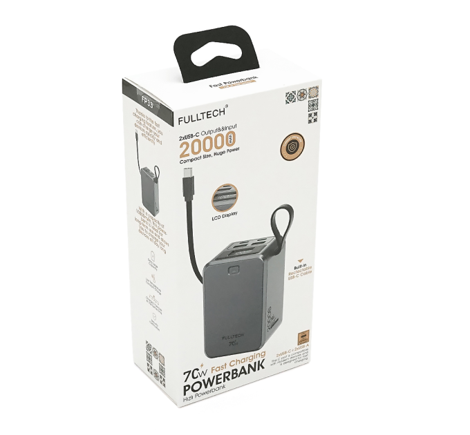 PowerBank FULLTECH FP33 20000mAh, 70W, Input: (Type-C), Output: (USB, 2*Type-C), індикація заряду, 0,430kg, Gray, Box