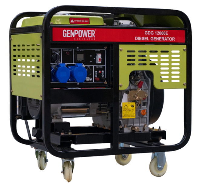 Генератор дизельний GENPOWER GDG 12000E, 1-фазний 230V, 50Hz, 12kVA / 9.6kW, бак 30 л, витрата 0,28 л / кВтЧ, пуск: стартер (без АКБ) / AVR (без АКБ), 770х820х530 мм, 141 кг