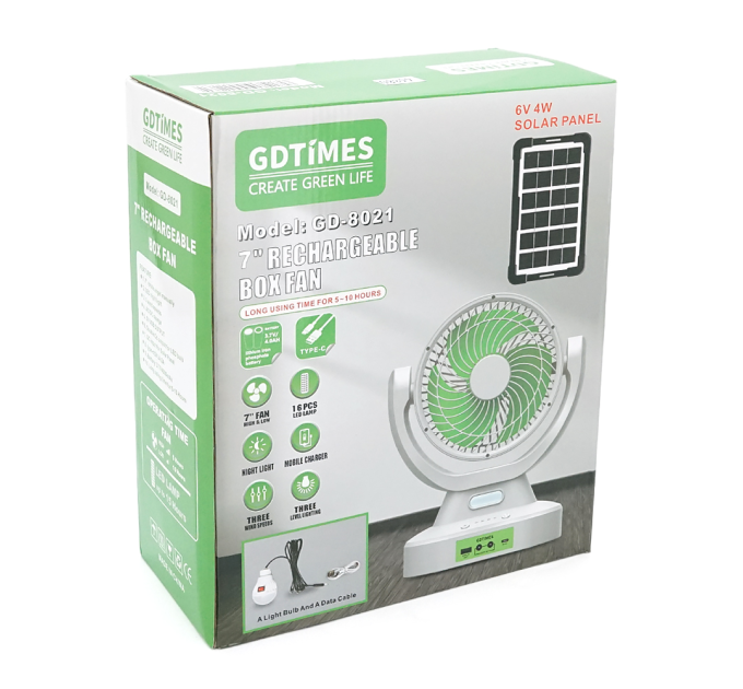 Вентилятор GDTIMES GD 8021+Ліхтар, Solar+ вбудований акумулятор, Box
