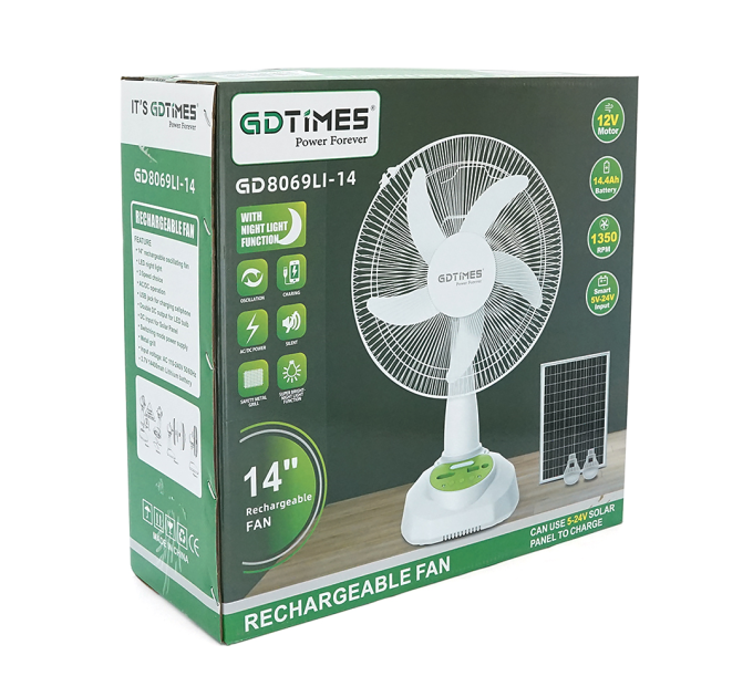 Вентилятор GDTIMES GD 8069LI-14, 14", Solar+ вбудований акумулятор, 2*USB лампочки, Box