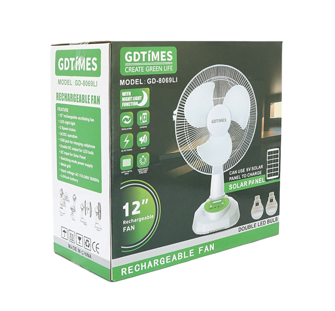 Вентилятор GDTIMES GD 8069LI, 12", Solar+ вбудований акумулятор, 2*USB лампочки, Box
