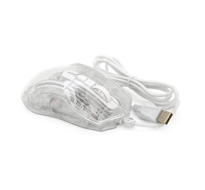 Миша провідна JEDEL GM1400, 6 кнопок, 1000 / 2400 / 3200 / 4800 / 6400 / 7200DPI, кабель 1,5 м. RGB підсвічування. 128х77х40 мм. Transparent. Box