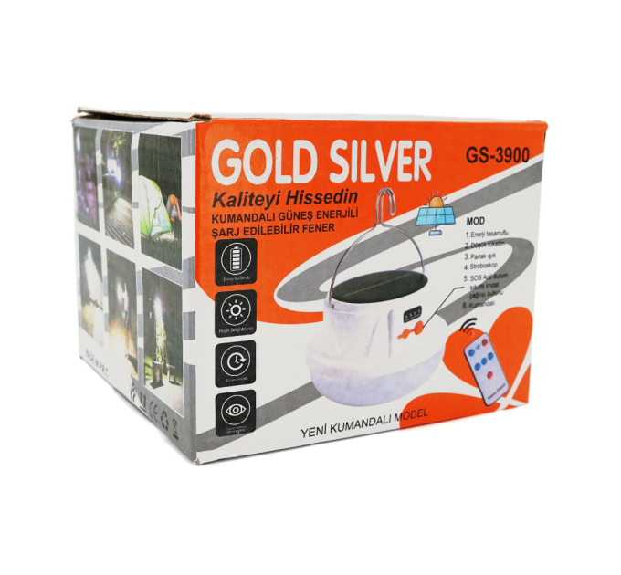 Кемпінгова лампа GOLD SILVER GS-3900+пульт, 5 режимів, корпус-пластик, ударостійкий, ip44, вбудований акум 2500mAh, СЗУ+Solar, White, BOX