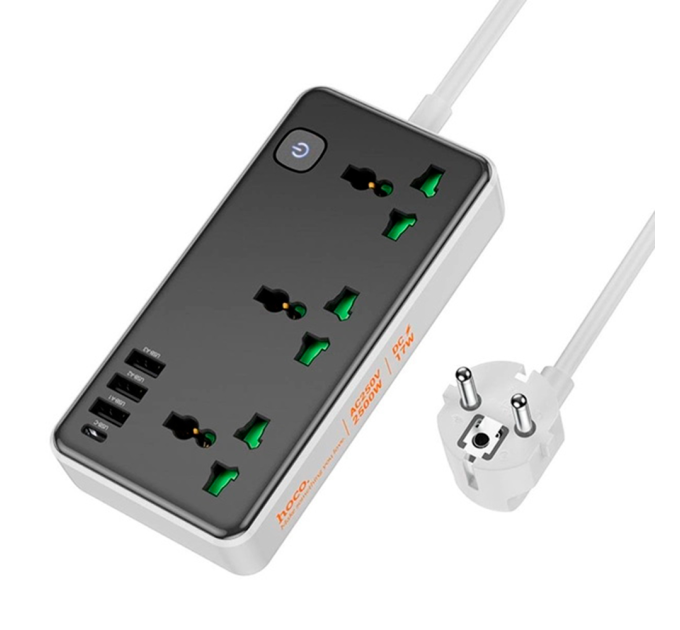 Мережевий фільтр HOCO AC7A на 3 розетки + 3 USB+USB-C, 17W, 220В, кабель 1,5м, Black / White, Box
