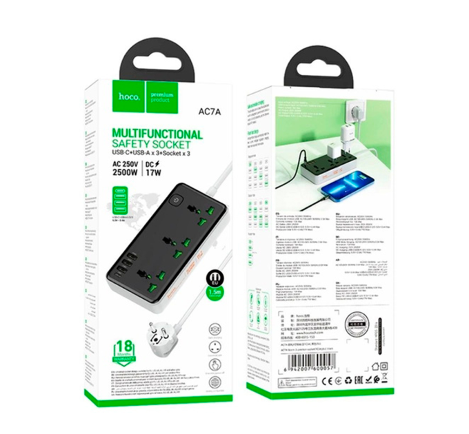 Мережевий фільтр HOCO AC7A на 3 розетки + 3 USB+USB-C, 17W, 220В, кабель 1,5м, Black / White, Box