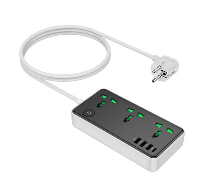 Мережевий фільтр HOCO AC7A на 3 розетки + 3 USB+USB-C, 17W, 220В, кабель 1,5м, Black / White, Box