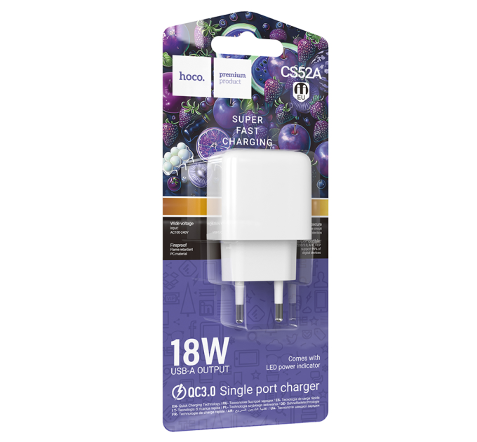 СЗУ 110-240V HOCO CS52A 1xUSB, 18W, White, Blister