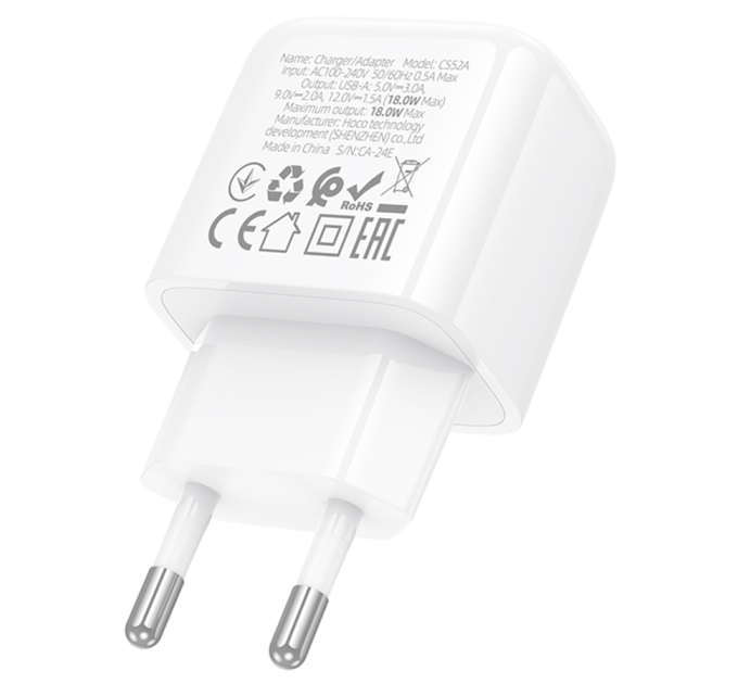 СЗУ 110-240V HOCO CS52A 1xUSB, 18W, White, Blister