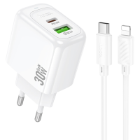 Набір СЗУ HOCO CS55A + Type-C / Lighting кабель, 1xUSB+1xUSB-C, PD30W+QC3.0, кабель 1м, White, Box