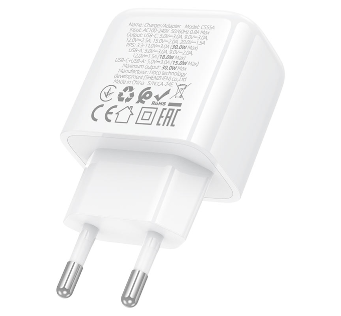СЗУ 110-240V HOCO CS55A, 1xUSB, 1xUSB-C, PD30W, White, OEM