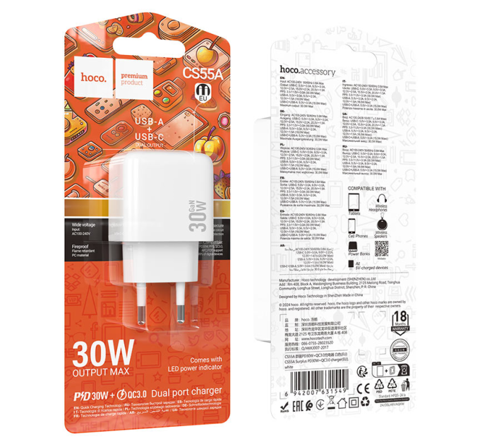 СЗУ 110-240V HOCO CS55A, 1xUSB, 1xUSB-C, PD30W, White, OEM
