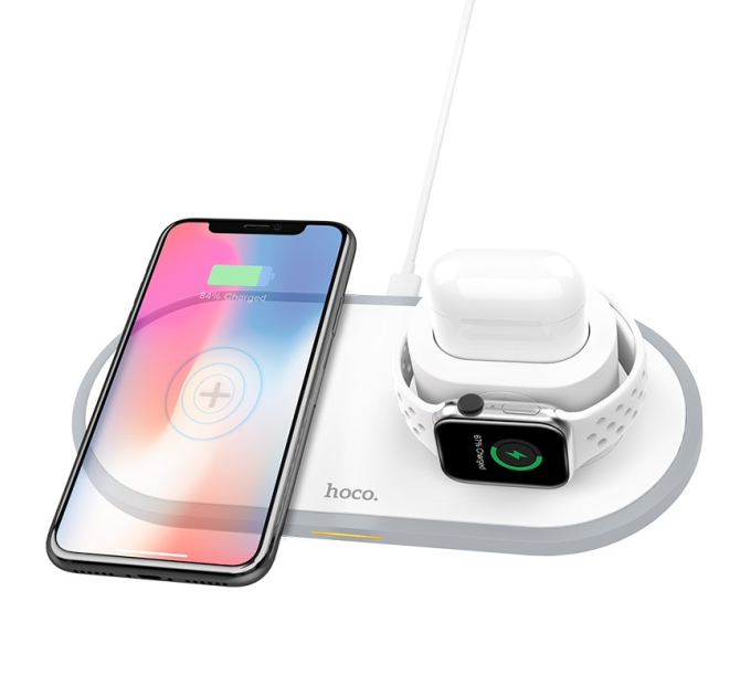 Бездротова зарядка HOCO CW21 3 в 1, під телефон+годинник+навушники, магніти, White, Box
