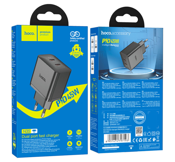 СЗУ HOCO N35, 2xUSB-C, PD45W, Black, Box