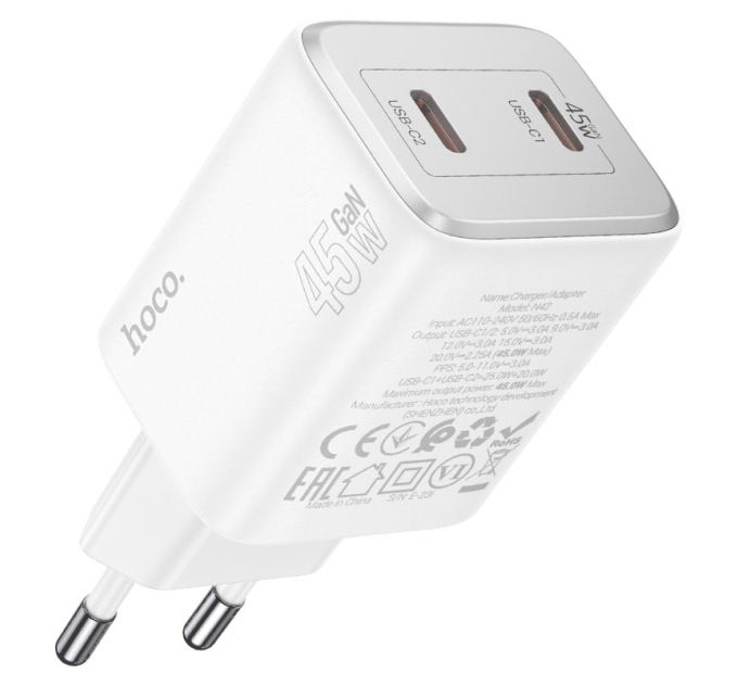 Набір СЗУ HOCO N42 + кабель Lighting, 2xUSB-C, PD45W, кабель 1м, White, Box
