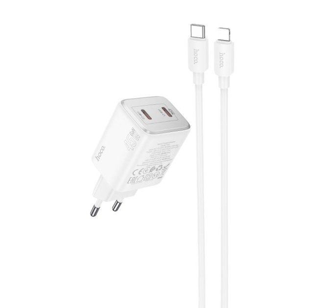 Набір СЗУ HOCO N42 + кабель Lighting, 2xUSB-C, PD45W, кабель 1м, White, Box