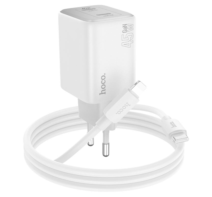Набір СЗУ HOCO N42 + кабель Lighting, 2xUSB-C, PD45W, кабель 1м, White, Box