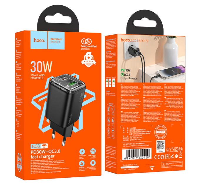 СЗУ HOCO N53 110-240V, PD30W+Q3.0, USB+Type-C, Black, Box
