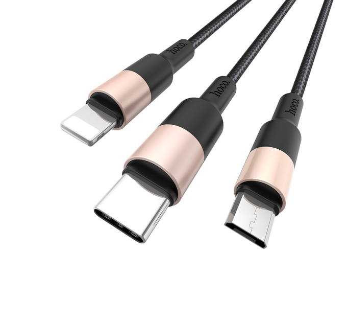 Кабель HOCO X26 USB-1 3 in 1 Micro / Iphone / Type-C, 2A, довжина 1м, Black / Gold, Box
