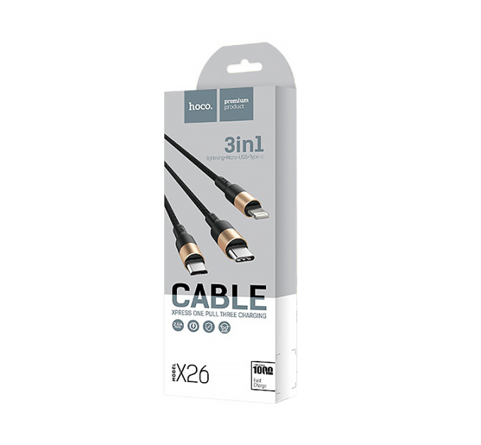 Кабель HOCO X26 USB-1 3 in 1 Micro / Iphone / Type-C, 2A, довжина 1м, Black / Gold, Box
