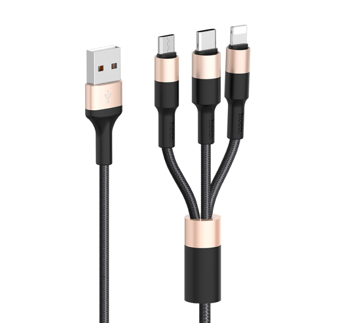 Кабель HOCO X26 USB-1 3 in 1 Micro / Iphone / Type-C, 2A, довжина 1м, Black / Gold, Box