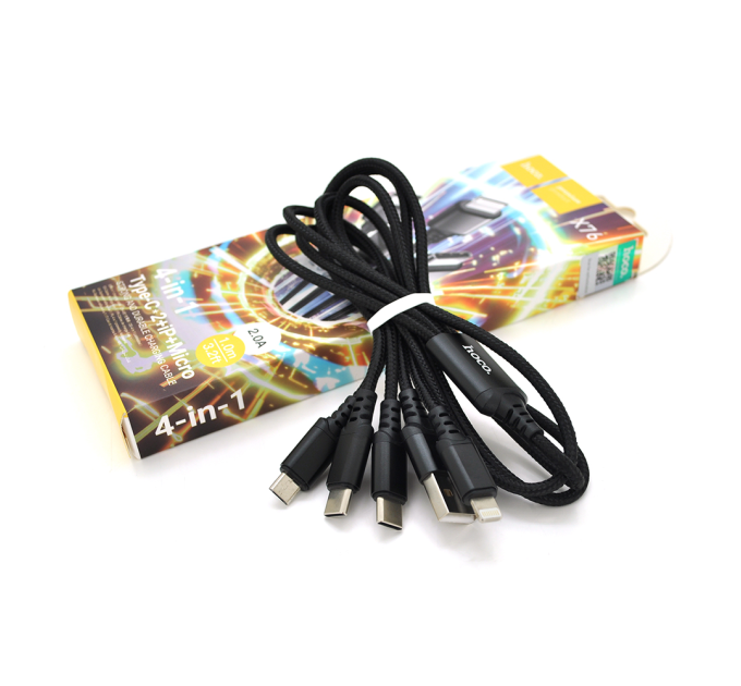 Кабель HOCO X76 USB-1 4 in 1 Micro / Iphone / 2*Type-C, 2A, довжина 1м, Black, Box