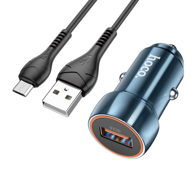Набір АЗУ 12-24V HOCO Z46 + кабель MicroUSB, 1xUSB, 18W, кабель 1м, Blue, Box