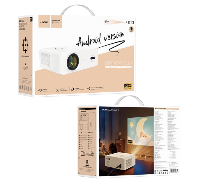 Проектор Hoco DT3, Android, 1080p, 370ANSI, Wi-Fi 2.4+5G, White, Box
