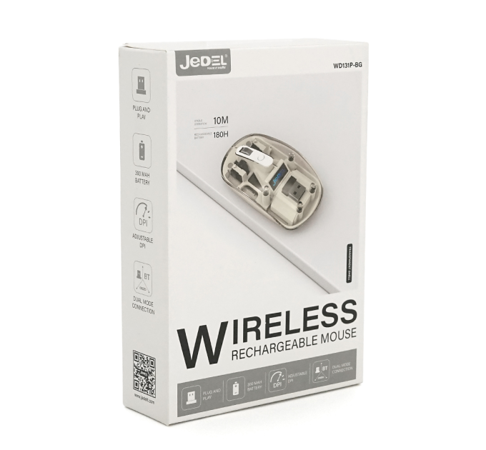 Миша бездротова JEDEL WD131P-BG, 800 / 1200 / 1600DPI, 2.4 GHz+Bluetooth 5.0, 3.7V 300mAh, Type-C заряджання. 109x60x32 мм. Transparent-White. Box