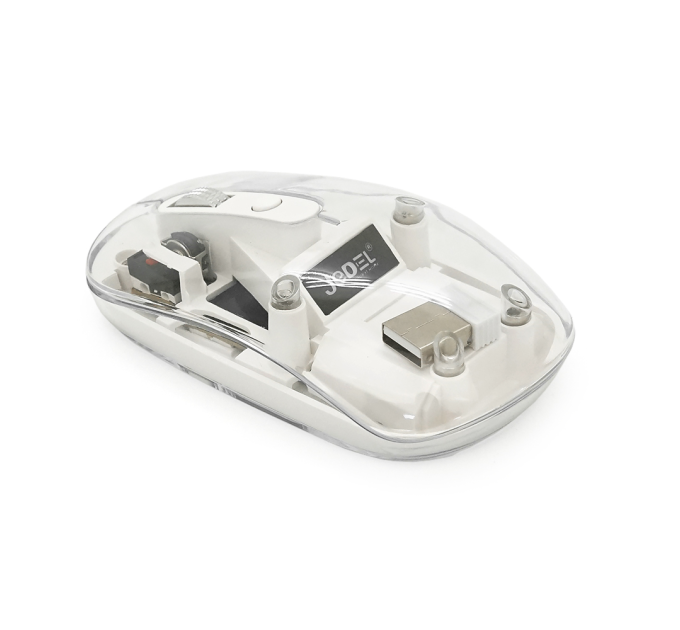 Миша бездротова JEDEL WD131P-BG, 800 / 1200 / 1600DPI, 2.4 GHz+Bluetooth 5.0, 3.7V 300mAh, Type-C заряджання. 109x60x32 мм. Transparent-White. Box