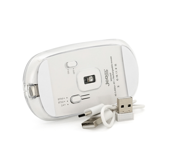 Миша бездротова JEDEL WD131P-BG, 800 / 1200 / 1600DPI, 2.4 GHz+Bluetooth 5.0, 3.7V 300mAh, Type-C заряджання. 109x60x32 мм. Transparent-White. Box
