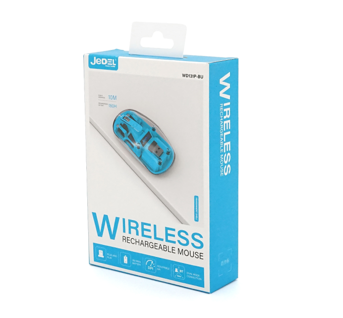 Миша бездротова JEDEL WD131P-BU, 800 / 1200 / 1600DPI, 2.4 GHz+Bluetooth 5.0, 3.7V 300mAh, Type-C заряджання. 109x60x32 мм. Transparent-Blue. Box