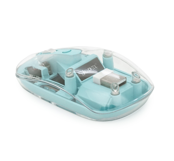 Миша бездротова JEDEL WD131P-BU, 800 / 1200 / 1600DPI, 2.4 GHz+Bluetooth 5.0, 3.7V 300mAh, Type-C заряджання. 109x60x32 мм. Transparent-Blue. Box
