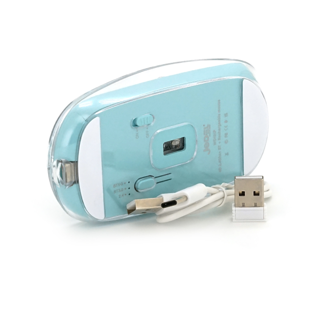 Миша бездротова JEDEL WD131P-BU, 800 / 1200 / 1600DPI, 2.4 GHz+Bluetooth 5.0, 3.7V 300mAh, Type-C заряджання. 109x60x32 мм. Transparent-Blue. Box