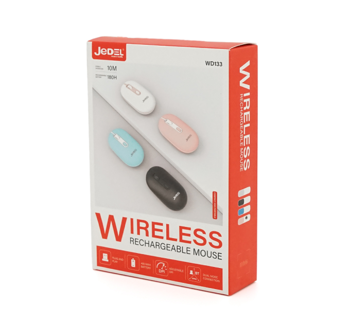 Миша бездротова JEDEL WD133, 800 / 1200 / 1600DPI, 2.4 GHz+Bluetooth 5.0, 3.7V 400mAh, Type-C заряджання. 105x60x34 мм. Black. Box