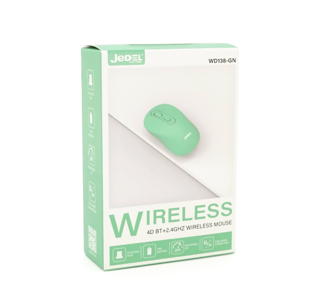 Миша бездротова JEDEL WD138-GN, 800-1600DPI, 2.4GHZ+Bluetooth 5.0, Green, Box
