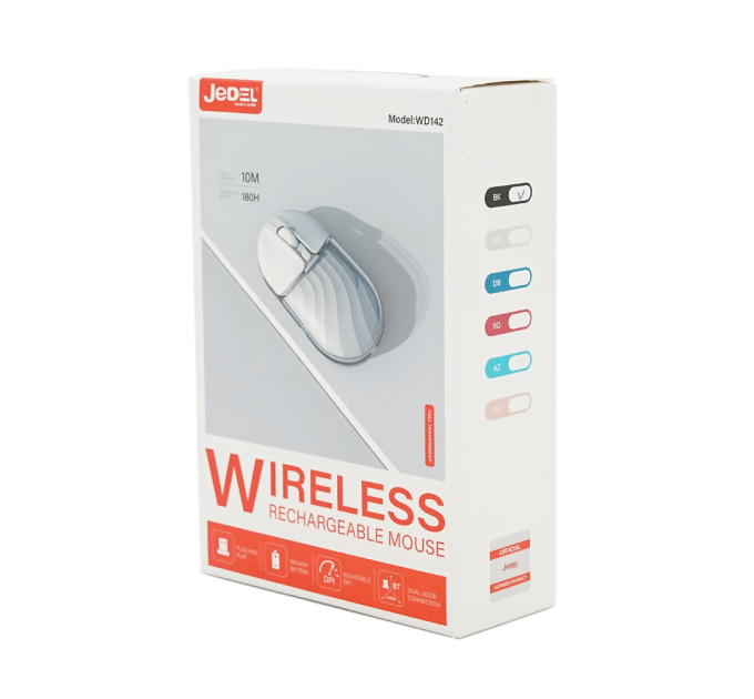 Миша бездротова JEDEL WD142, 800 / 1200 / 1600DPI, 2.4 GHz+Bluetooth 5.0, 3.7V 300mAh, Type-C заряджання. 105x59x34 мм. White. Box