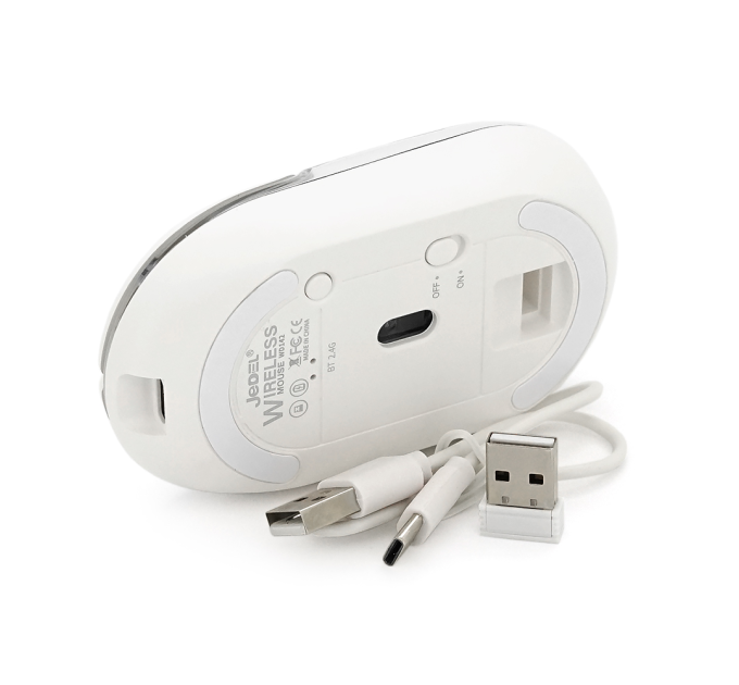 Миша бездротова JEDEL WD142, 800 / 1200 / 1600DPI, 2.4 GHz+Bluetooth 5.0, 3.7V 300mAh, Type-C заряджання. 105x59x34 мм. White. Box