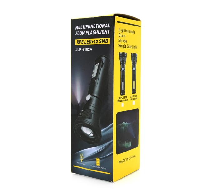 Ліхтарик ручний LATERNA JPL-2182A, 5W CREE Q5+COB, Zoom, 2+1 режим, вбудований акумулятор, IP40, 200х65х40. Blister