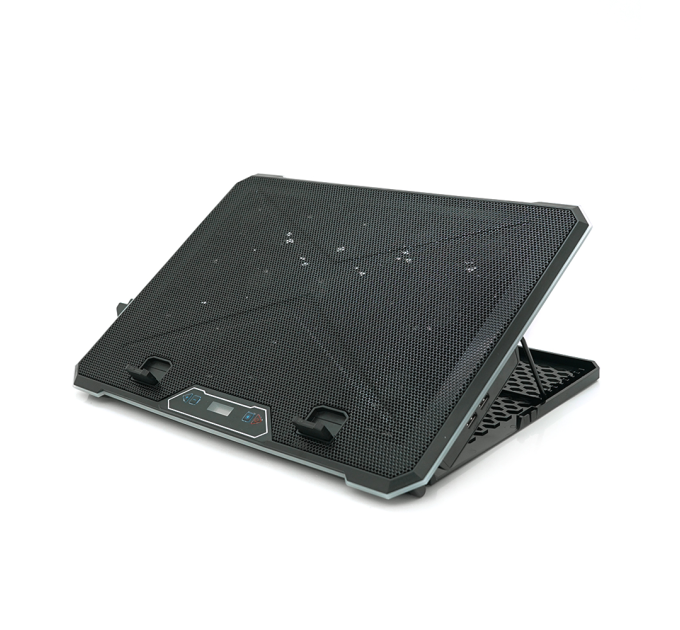 Підставка під ноутбук IceCoorel K15D, 10-19", 15 * 60mm 2550±10% RPM, корпус пластик + алюміній, 2xUSB 2.0 + LCD, 415x296x28mm, RGB, Box, Q10